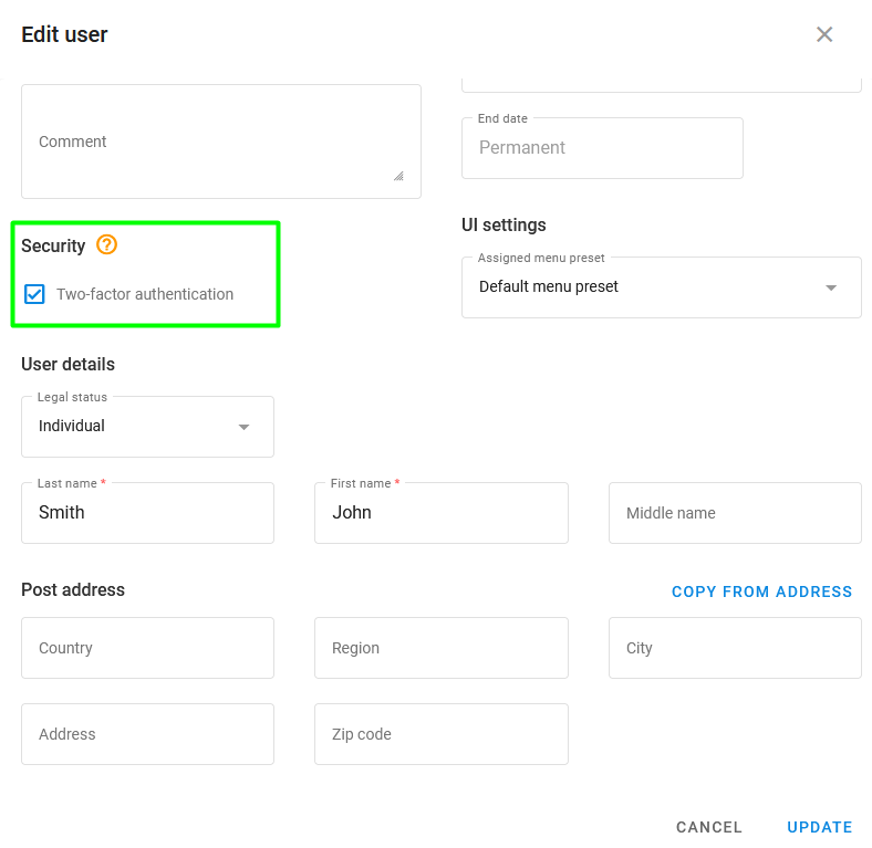 Two-factor authentication for a specific user